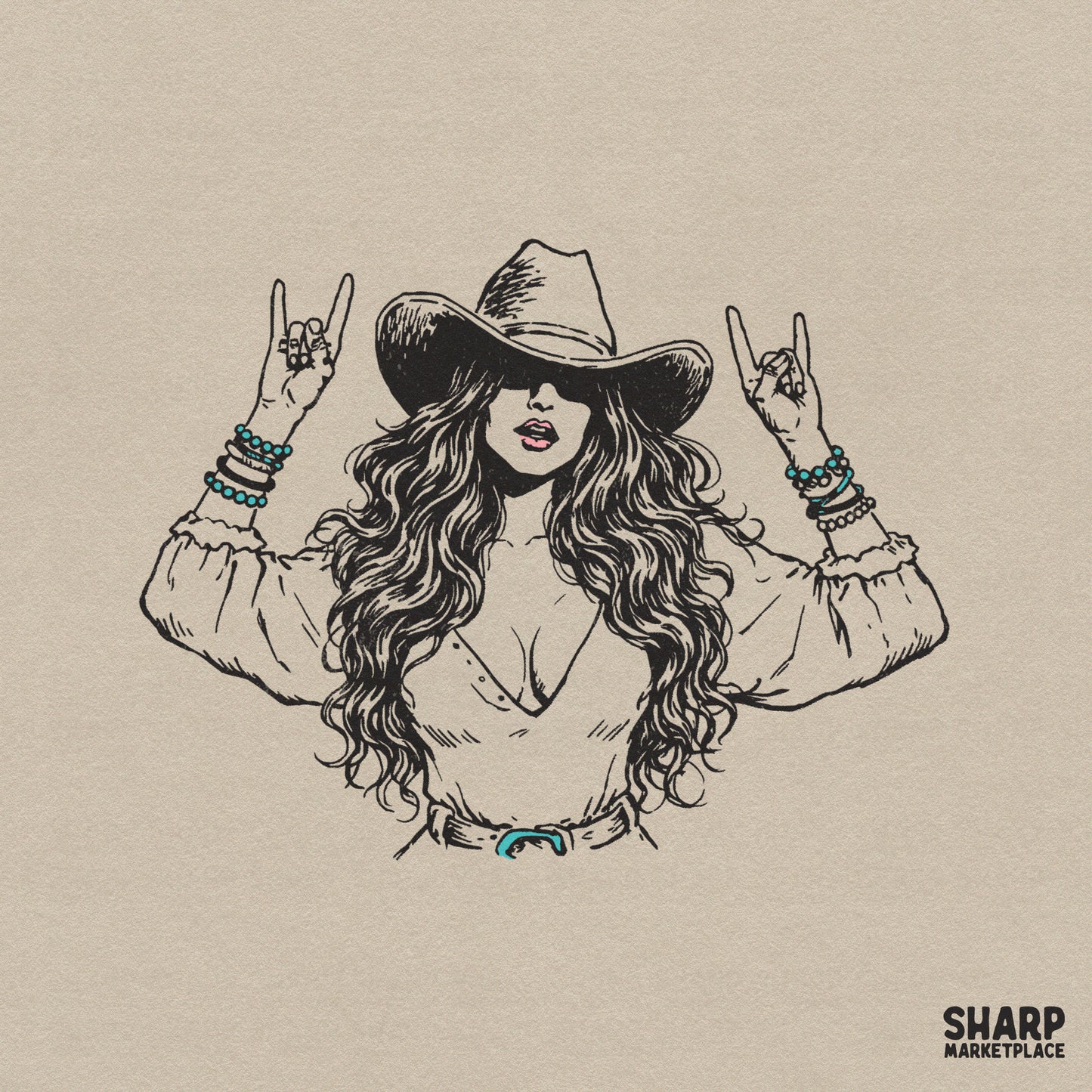 Boho cowgirl illustration with wavy hair, western hat, and rock-on hand signs, featuring turquoise accents for sublimation and apparel printing.