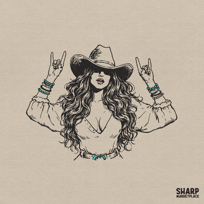 Boho cowgirl illustration with wavy hair, western hat, and rock-on hand signs, featuring turquoise accents for sublimation and apparel printing.