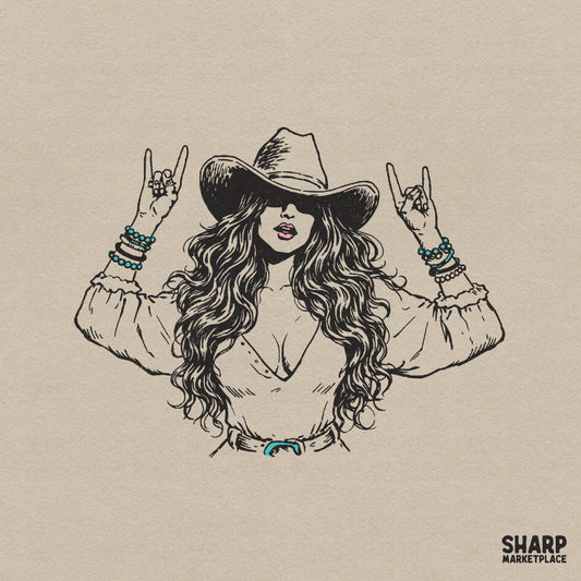 Boho cowgirl illustration with wavy hair, western hat, and rock-on hand signs, featuring turquoise accents for sublimation and apparel printing.