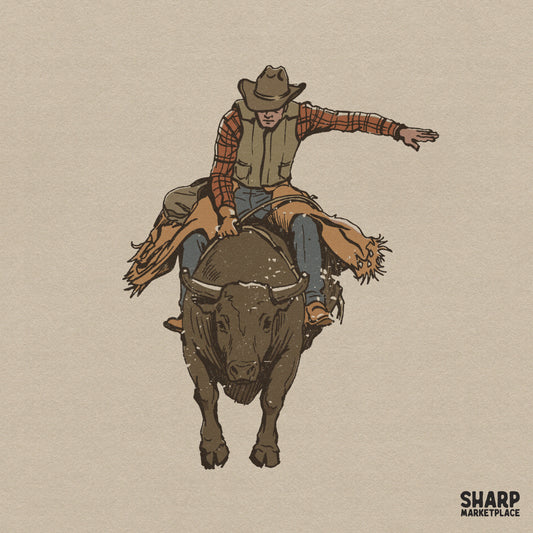 Vintage western bull rider illustration featuring a cowboy in a plaid shirt and vest riding a bull, perfect for sublimation and apparel printing.