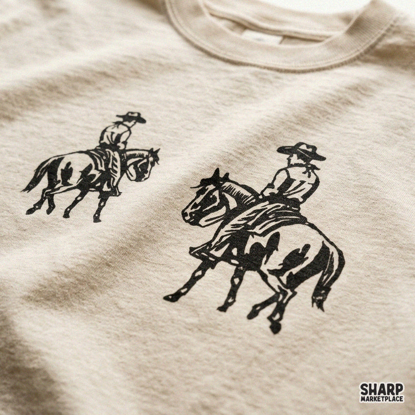 Two cowboys riding horses on a trail linocut png graphic for western t-shirts and sublimation