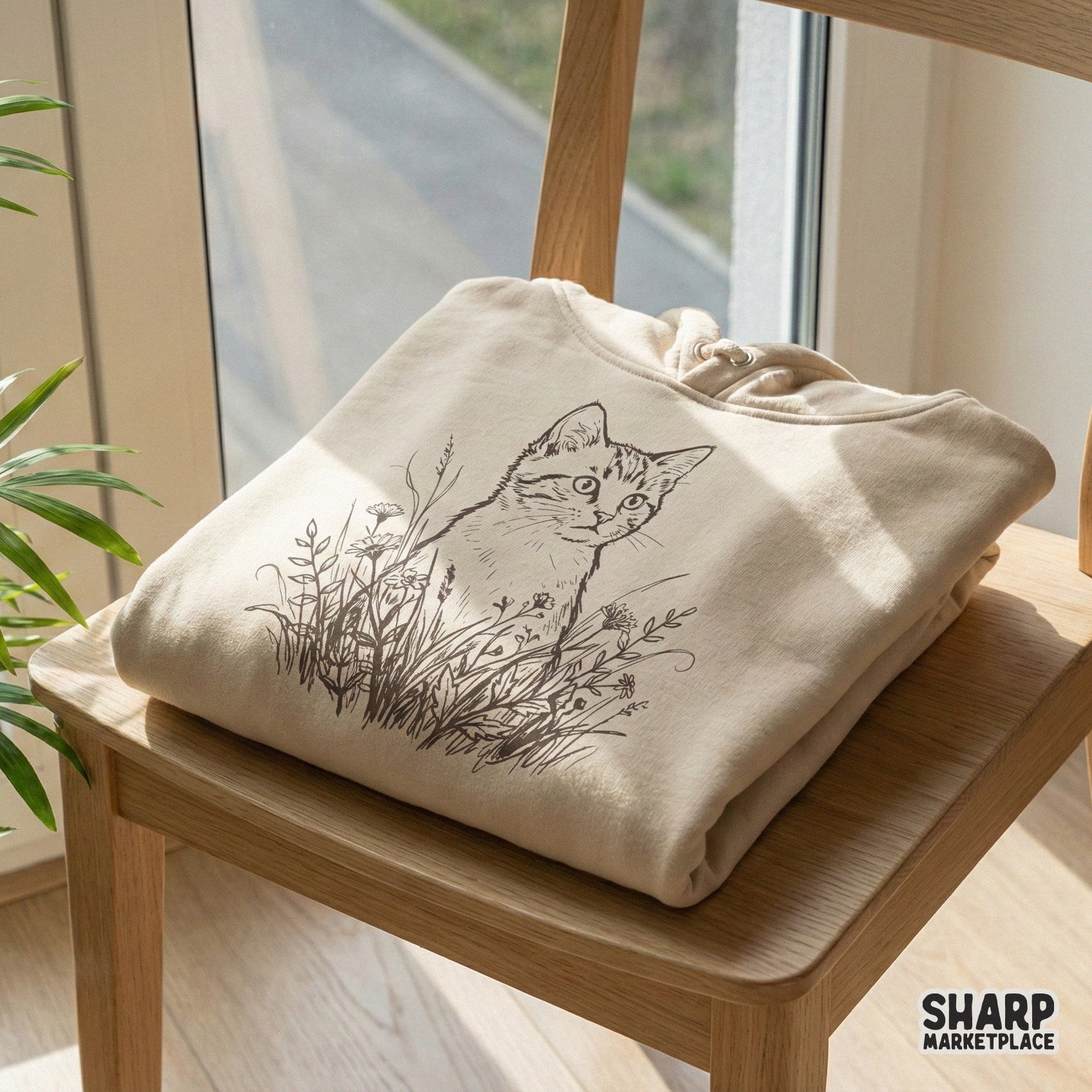 Sophisticated line art drawing of a cat surrounded by garden flowers, ideal for printable wall art, stationery, or nature-inspired craft designs.