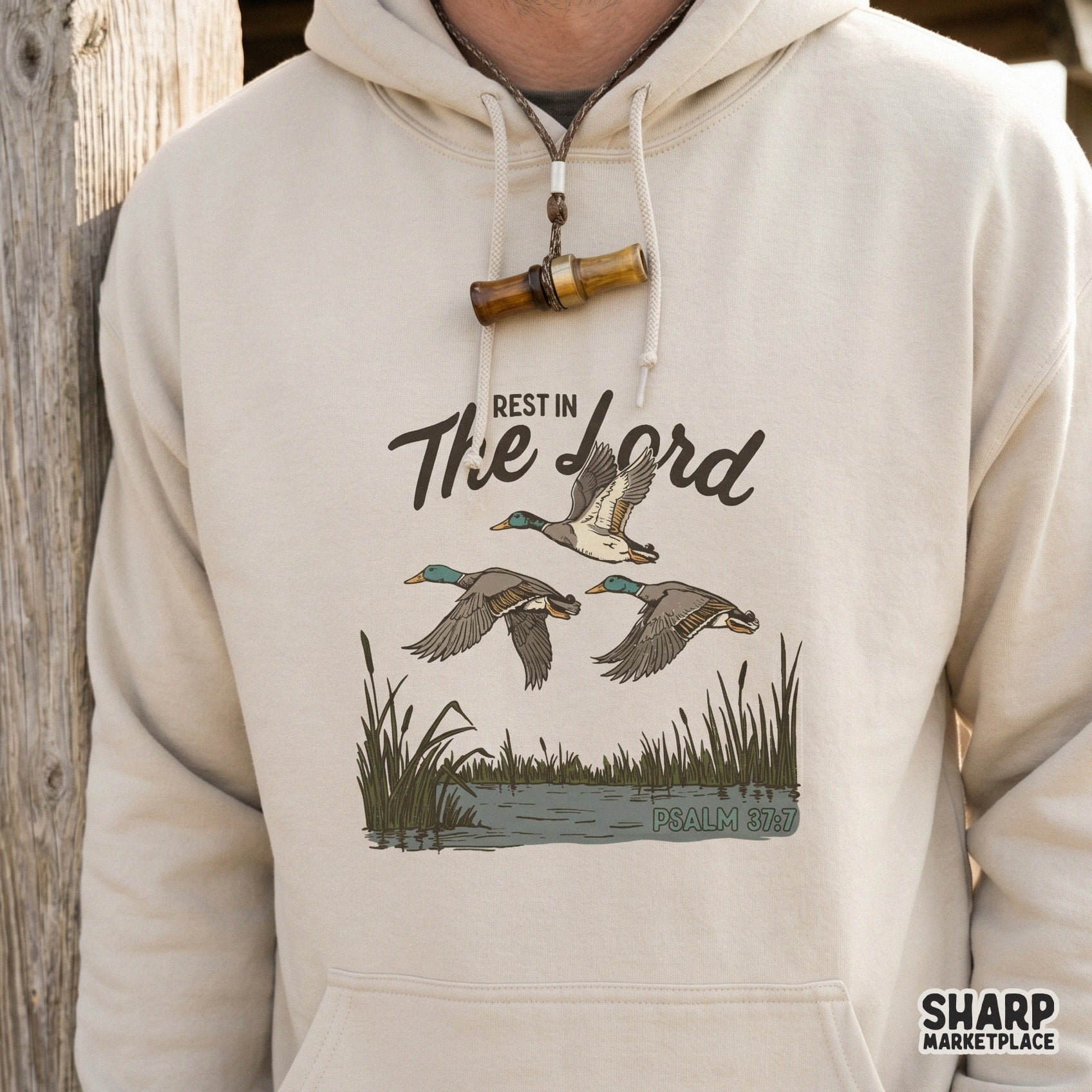 Mallard duck hunting graphic with Rest in the Lord Psalm 37:7 Christian bible verse text for sublimation shirt designs
