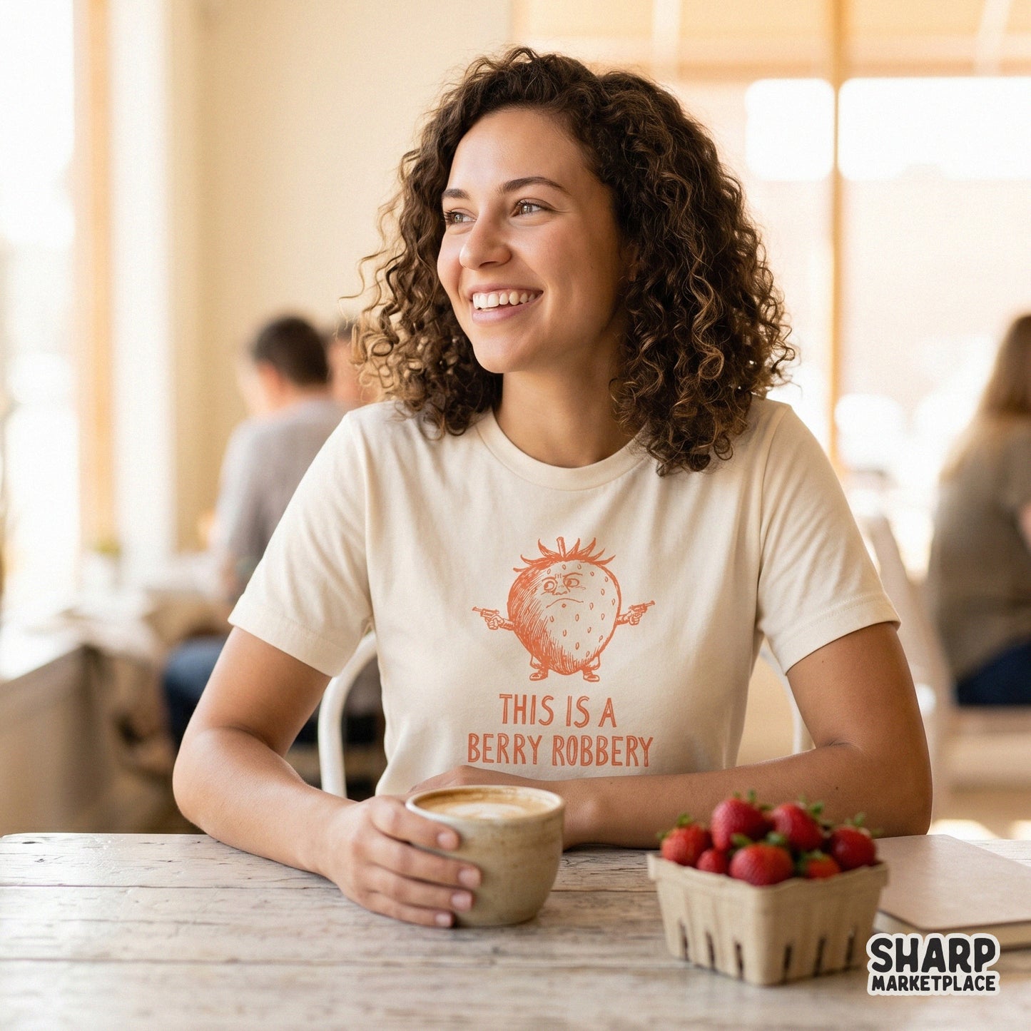 Sarcastic fruit pun design showing a grumpy strawberry holding pistols, ideal for DIY sublimation projects, stickers, or humorous t-shirt graphics.