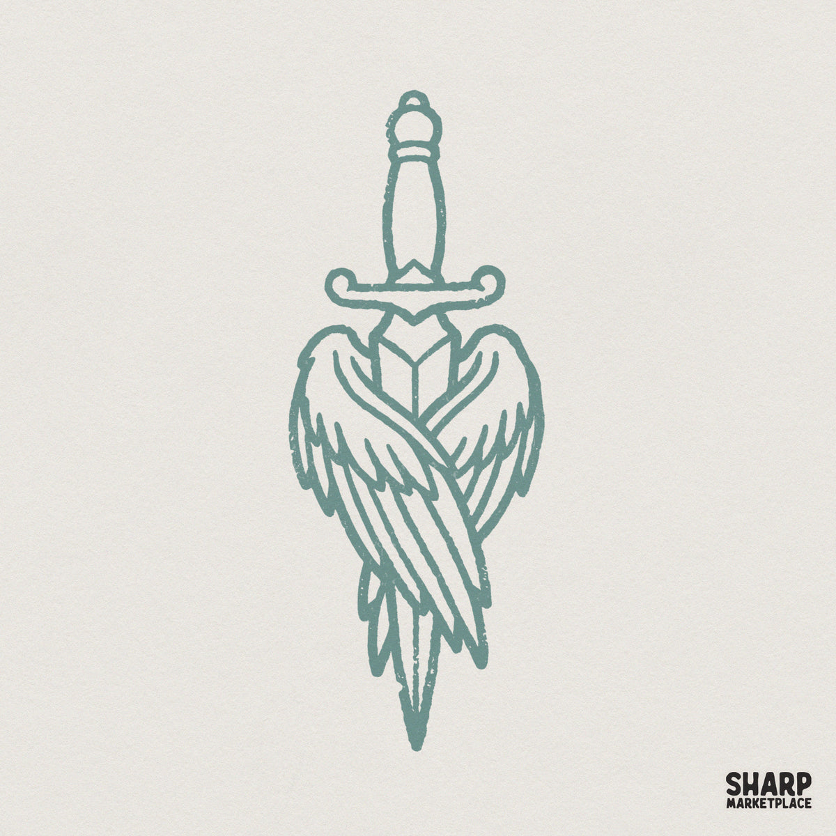 Tattoo style line art of a dagger with layered angel wings in a muted teal color, isolated on a light textured background for digital projects.