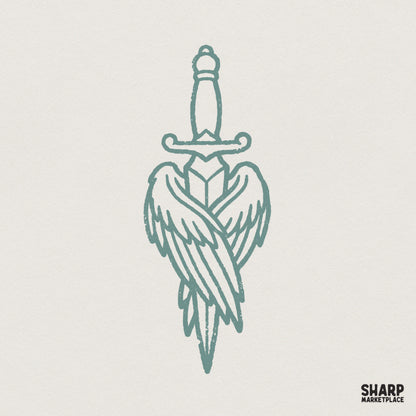 Tattoo style line art of a dagger with layered angel wings in a muted teal color, isolated on a light textured background for digital projects.