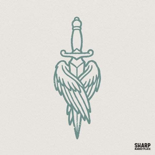 Tattoo style line art of a dagger with layered angel wings in a muted teal color, isolated on a light textured background for digital projects.