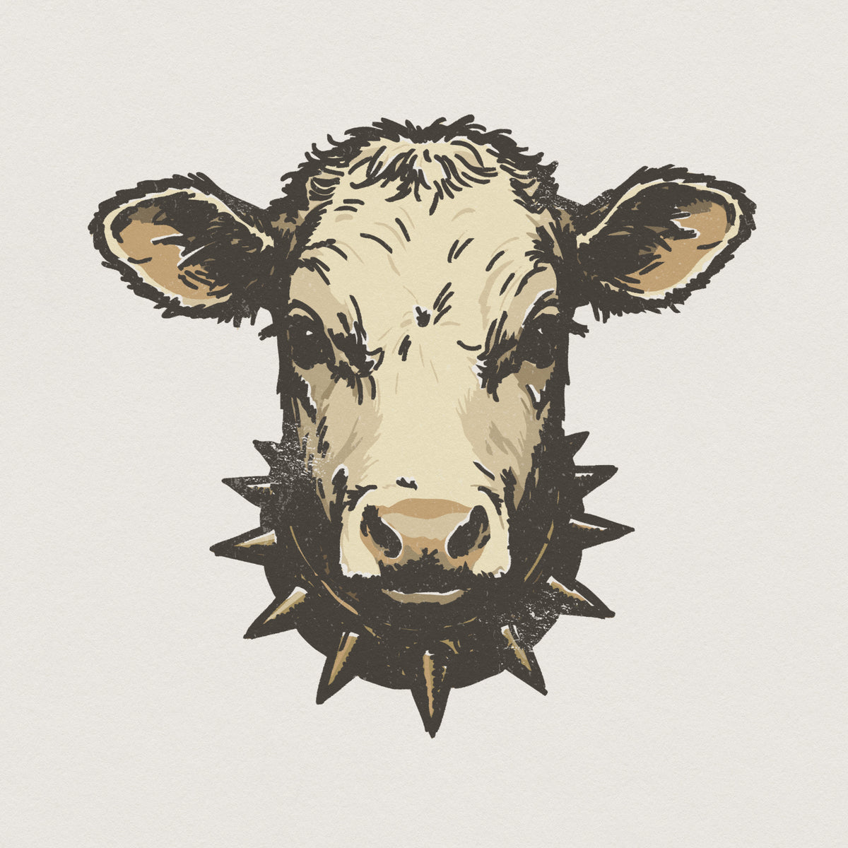 Hand-drawn sketch of a cow wearing a spiked collar, edgy farm animal digital graphic for t-shirt sublimation, stickers, and unique apparel.
