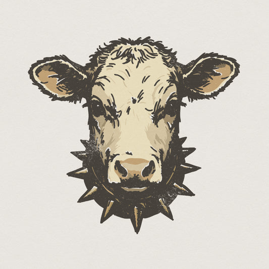 Hand-drawn sketch of a cow wearing a spiked collar, edgy farm animal digital graphic for t-shirt sublimation, stickers, and unique apparel.