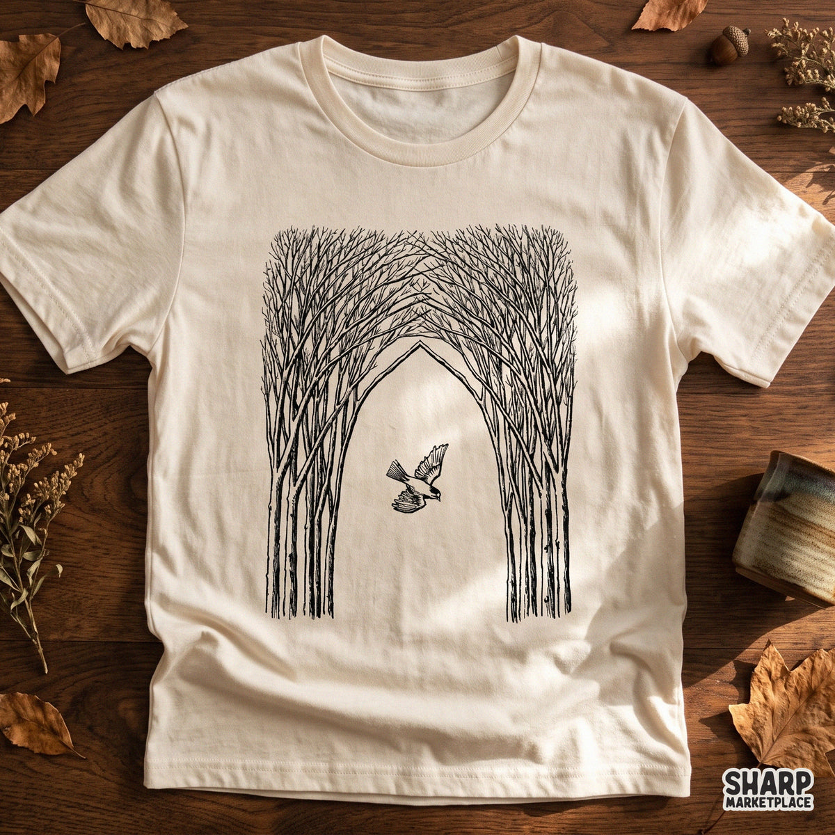 Bird Flying Through Gothic Tree Archway PNG, Dark Academia