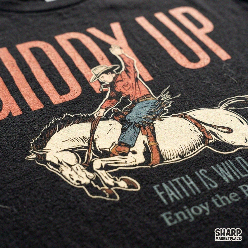 Giddy Up Faith Is Wild Enjoy The Ride retro western PNG graphic for t-shirts, sublimation, and country music apparel