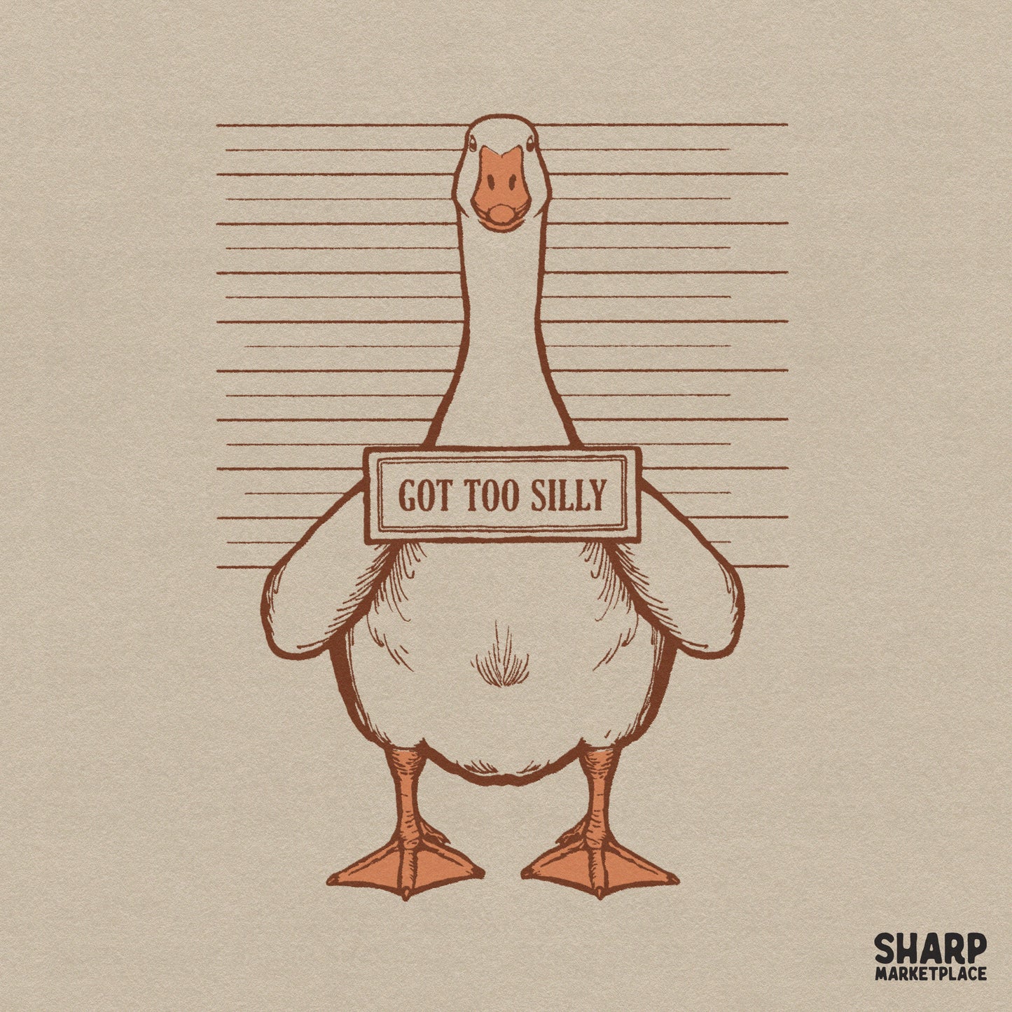 Funny goose mugshot PNG with unhinged bird meme design for sarcastic retro Y2K trendy apparel and stickers