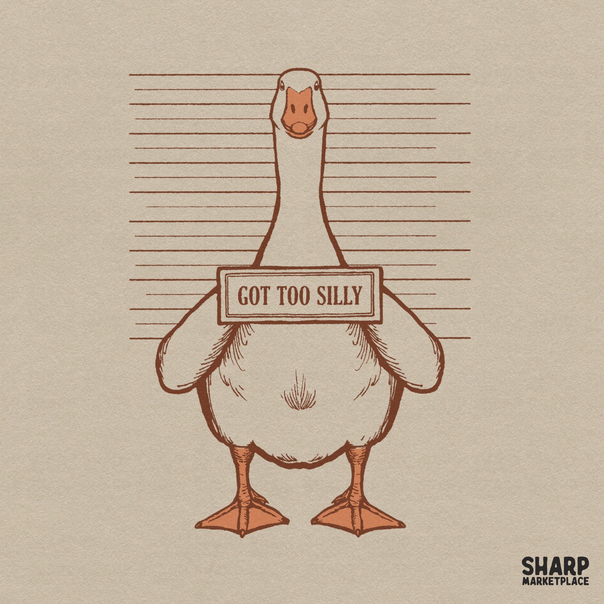 Funny goose mugshot PNG with unhinged bird meme design for sarcastic retro Y2K trendy apparel and stickers