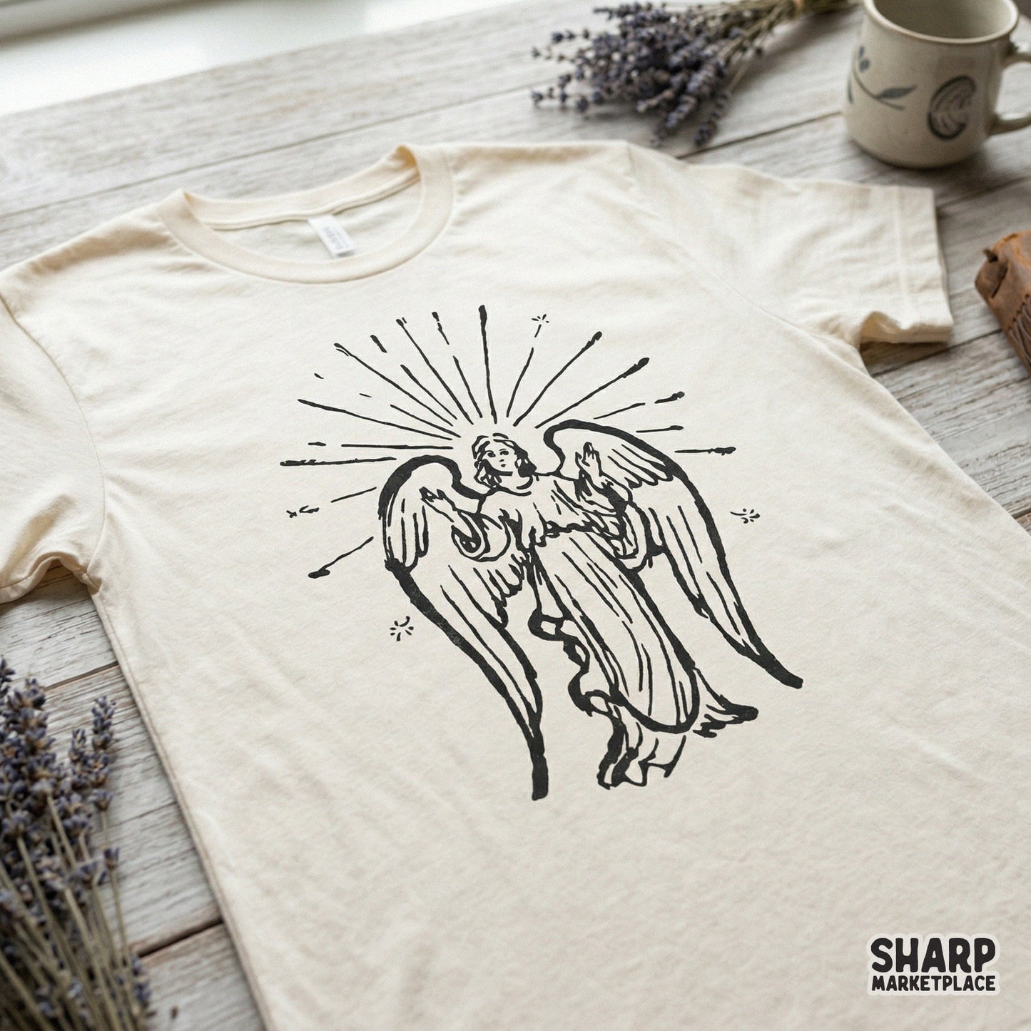 Detailed hand-drawn angel graphic with a shimmering halo and wings, ideal for creating religious wall art, stickers, or custom printed tumblers.