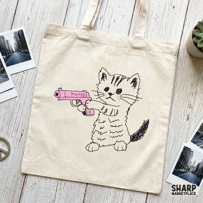 Funny feline meme art with a sketchy, hand drawn aesthetic showing a cat with a pink toy weapon, ideal for stickers, tumblers, and apparel designs.