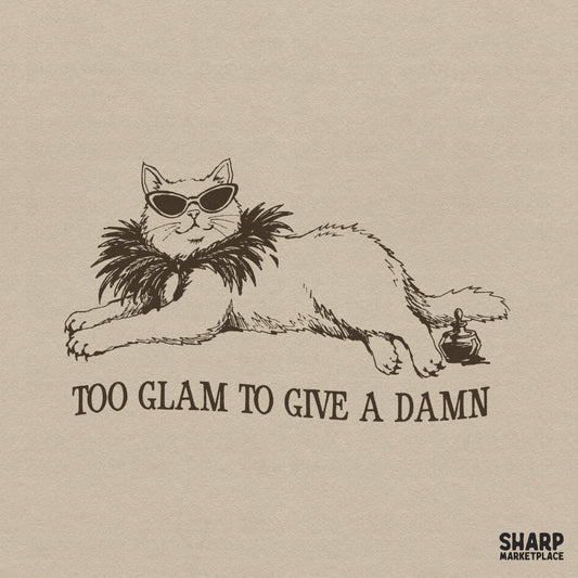 Sassy cat wearing oversized sunglasses and a feathered boa with the text Too Glam To Give A Damn, in a vintage sketch style for digital printing.