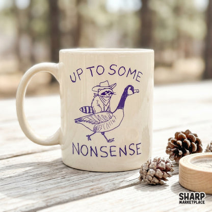 Funny digital illustration of a raccoon in a bandana riding a goose, rendered in a distressed purple sketch style for unique t-shirt and apparel printing.