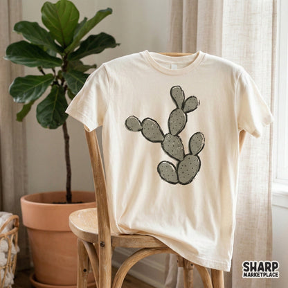 Boho-style prickly pear cactus digital design with organic shapes and vintage stippled details, ideal for stickers, tumblers, and summer shirts.