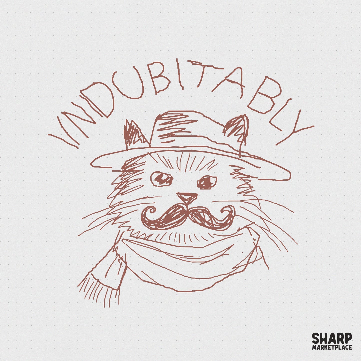 Hand-drawn brown line art of a fancy cat wearing a top hat, scarf, and handlebar mustache with the word Indubitably arched above in a serif font.