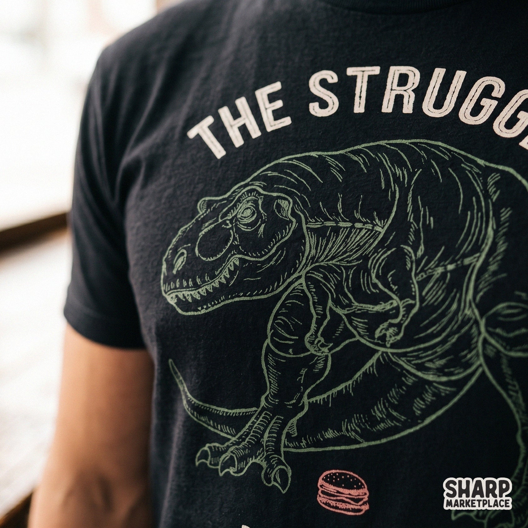 Funny T-Rex dinosaur with short arms struggling to reach a burger in a retro sarcastic png design for sublimation shirts