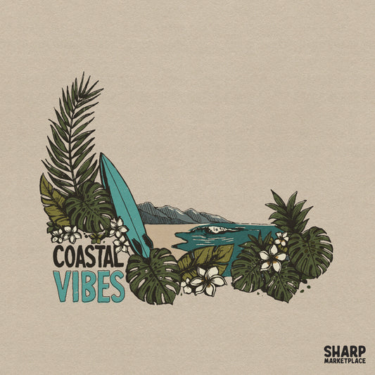 Retro coastal vibes surfboard and tropical flower sublimation PNG for summer beach vacation shirt designs