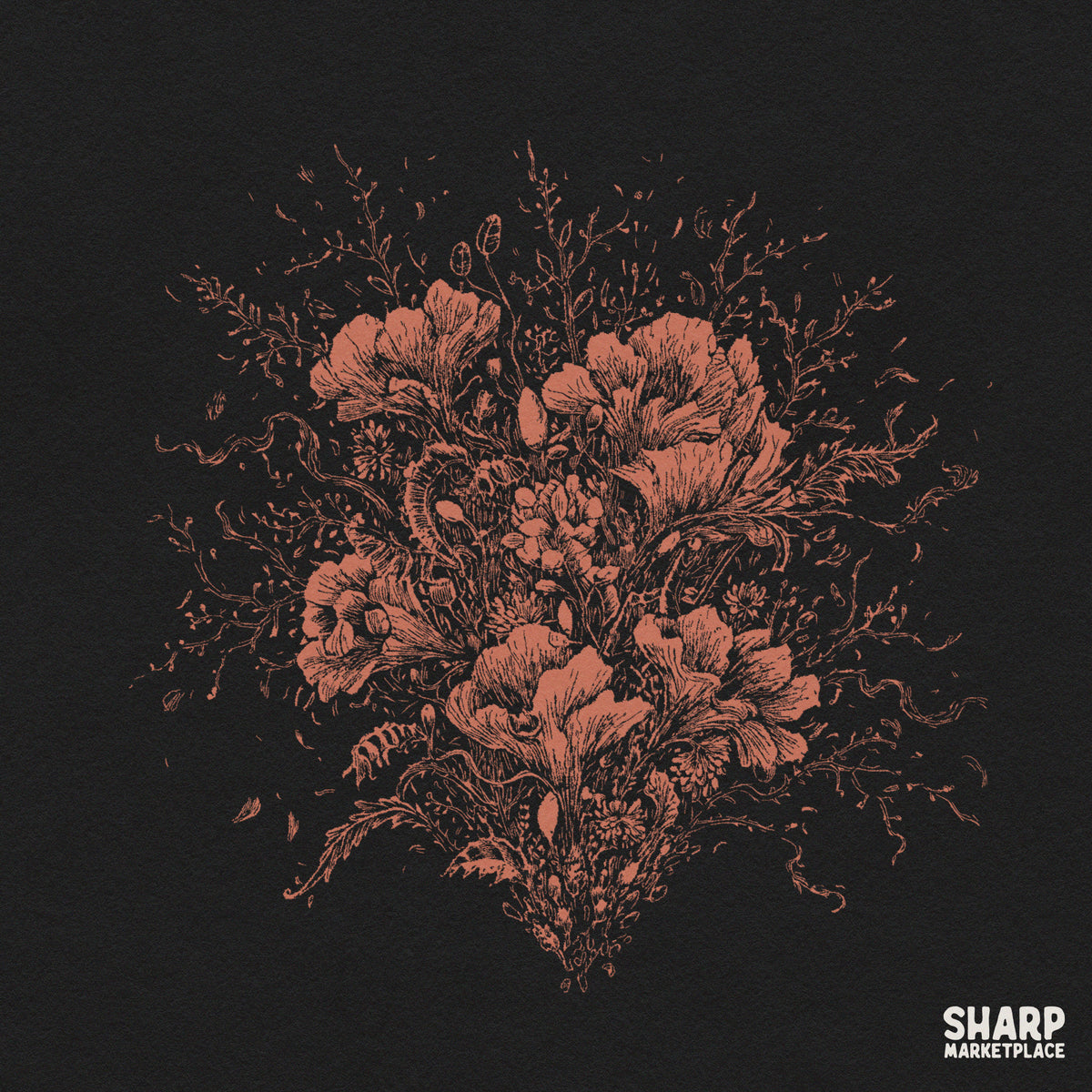 Moody botanical floral illustration with earthy tones for coquette and dark academia print on demand apparel