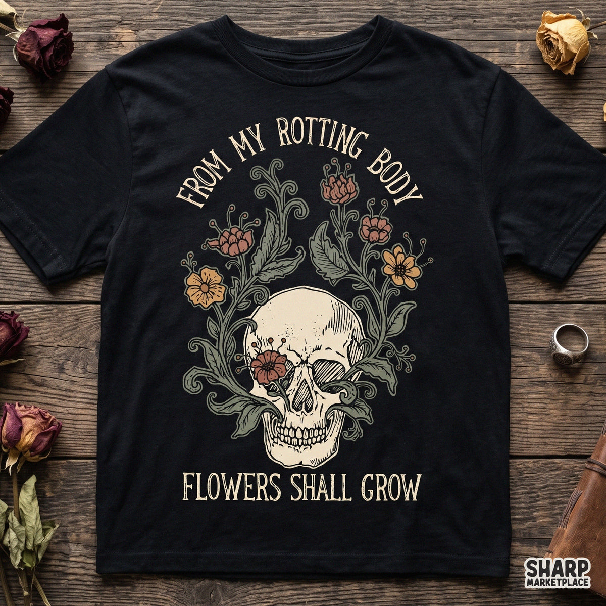 Gothic floral skull PNG with flowers growing from a skull for spooky season and horror print on demand products