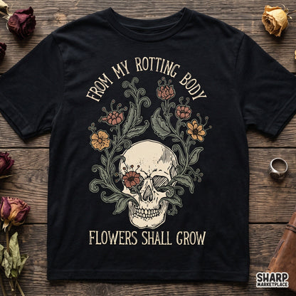 Gothic floral skull PNG with flowers growing from a skull for spooky season and horror print on demand products