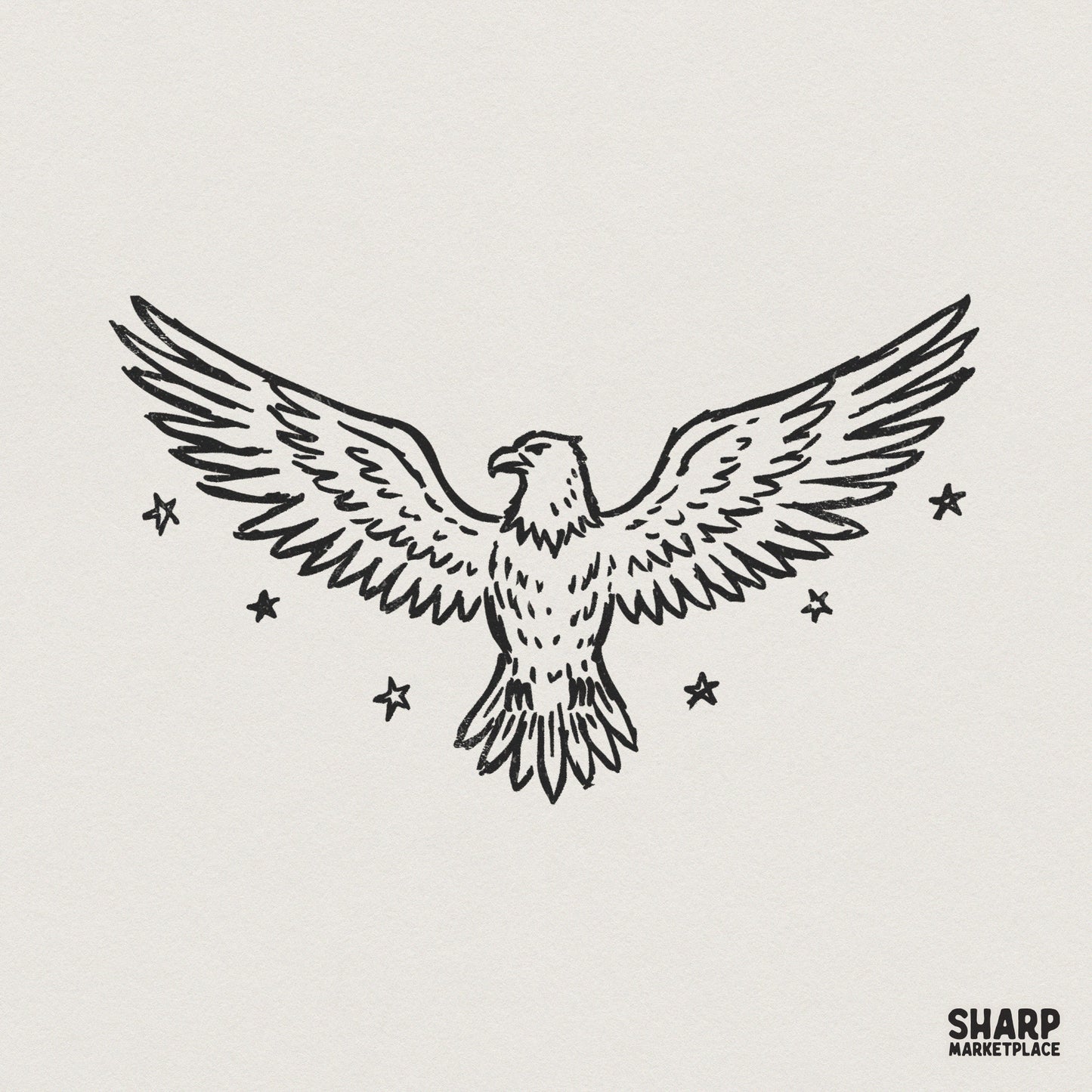 Hand drawn black line art of a majestic eagle with outstretched wings and scattered star accents, perfect for vintage style apparel and print projects.