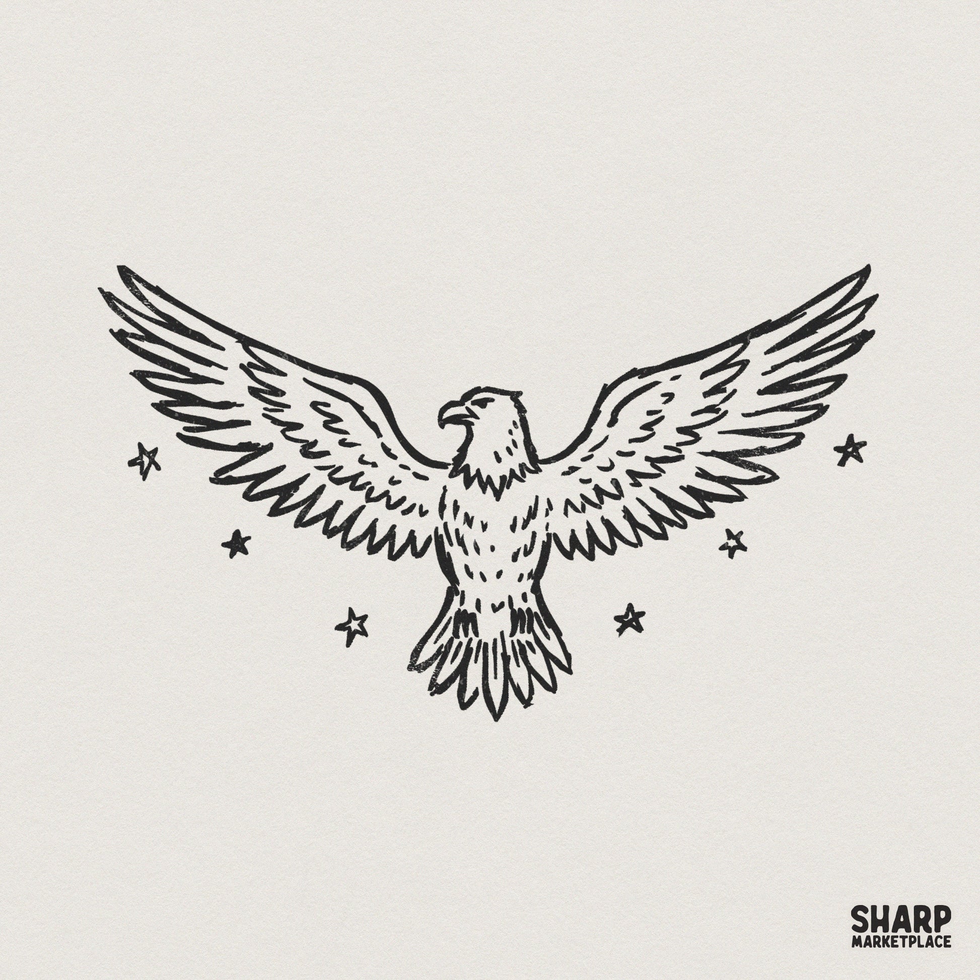 Hand drawn black line art of a majestic eagle with outstretched wings and scattered star accents, perfect for vintage style apparel and print projects.