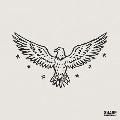 Hand drawn black line art of a majestic eagle with outstretched wings and scattered star accents, perfect for vintage style apparel and print projects.
