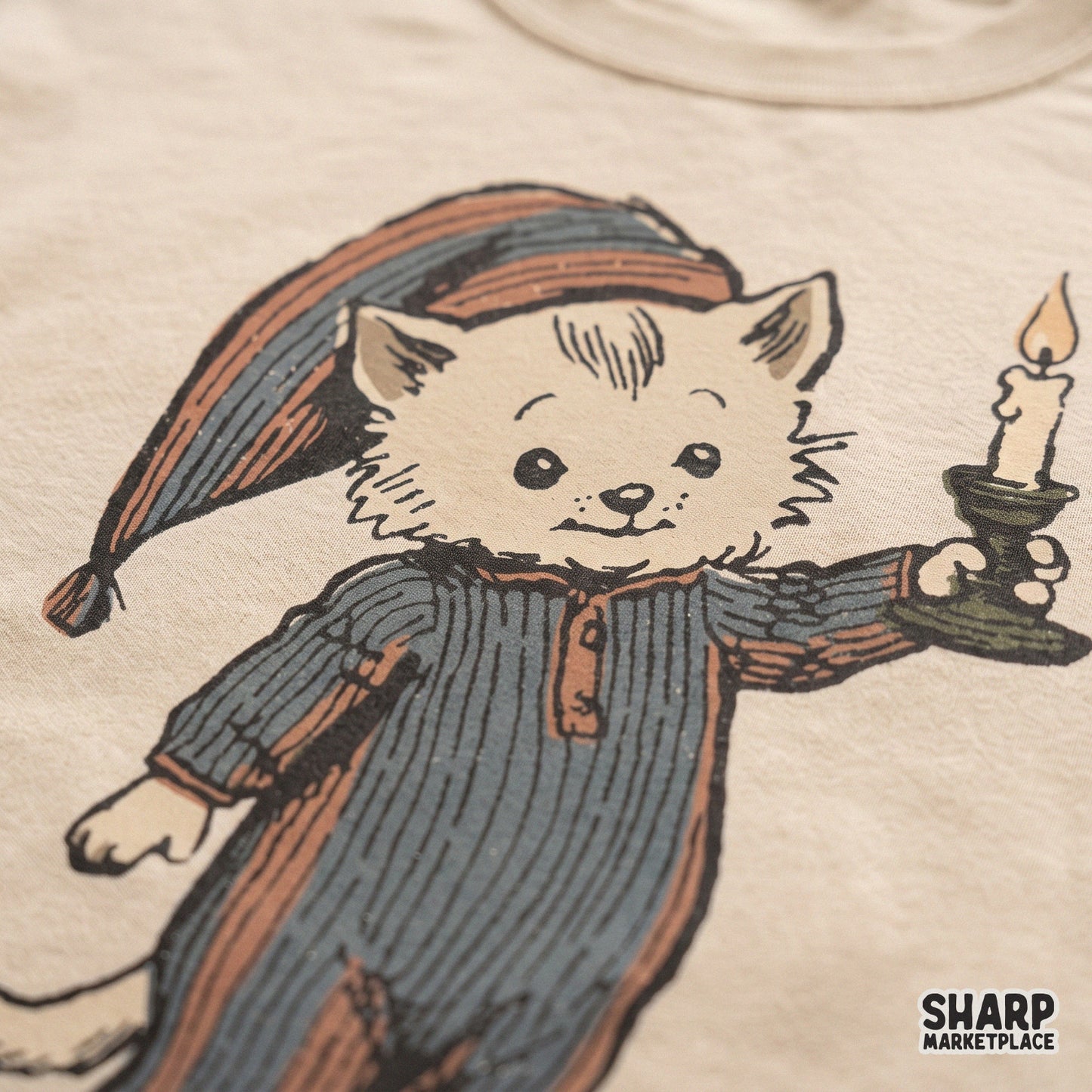 Vintage sleepy kitten in a nightgown holding a candle light, cozy season retro animal illustration for trendy t-shirt design