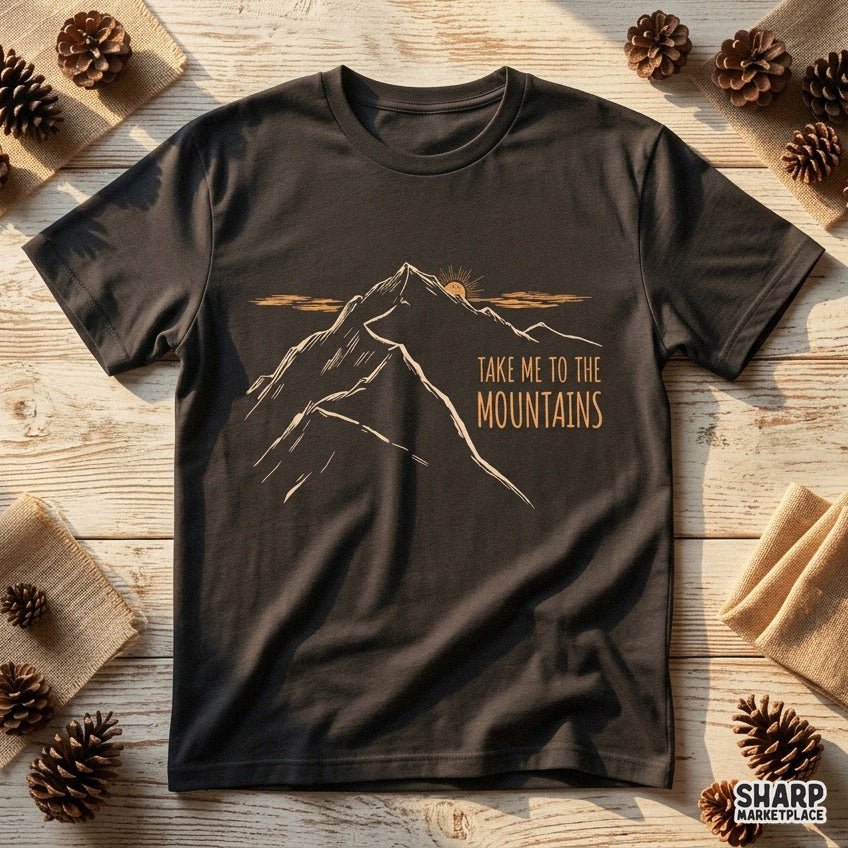 Retro Take Me To The Mountains nature illustration for outdoor lovers, perfect mountain art PNG for camping t-shirts