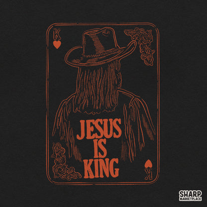 Jesus Is King Christian cowboy playing card PNG graphic in a retro western style for shirt designs