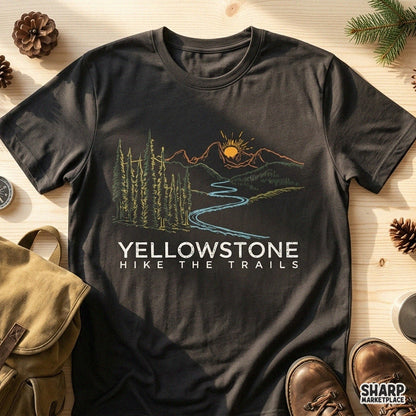 Vintage Yellowstone hike the trails design with mountain river and pine trees ideal for summer camping t-shirt prints