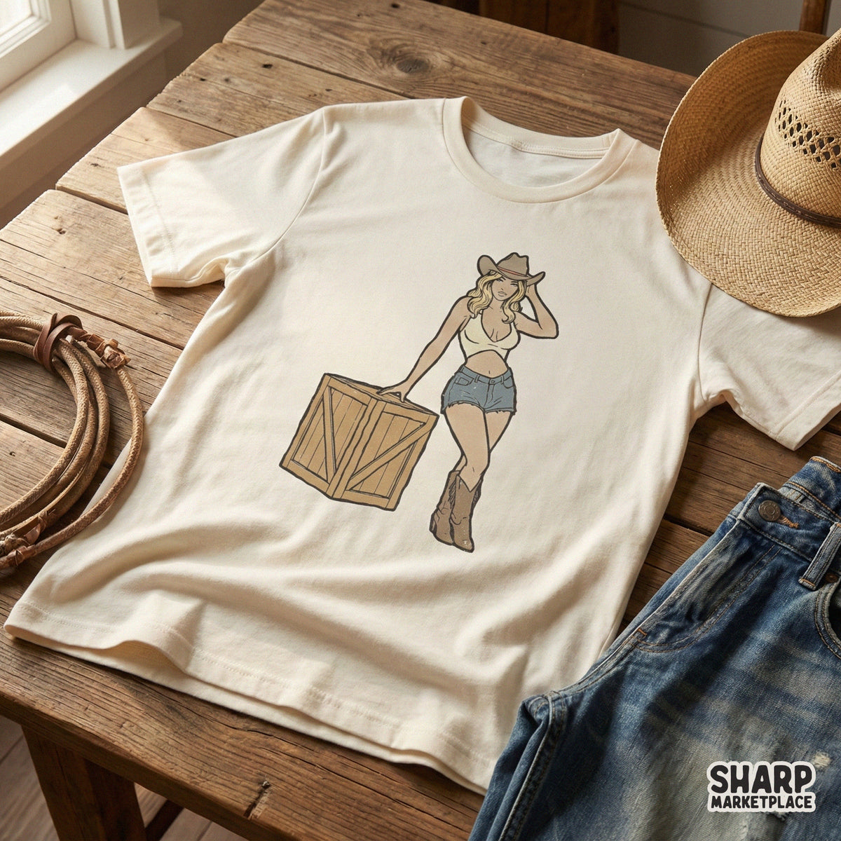 Retro western digital design featuring a blonde cowgirl in denim shorts and cowboy boots leaning against a crate, perfect for sublimation and t-shirts.