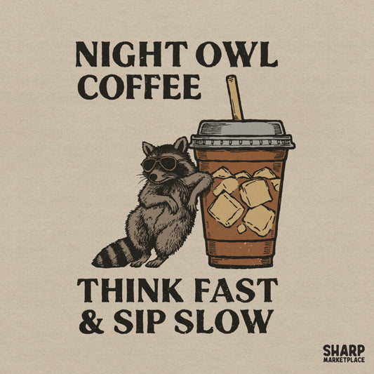 Funny retro raccoon drinking coffee graphic for sublimation t-shirts and sarcastic animal meme lovers