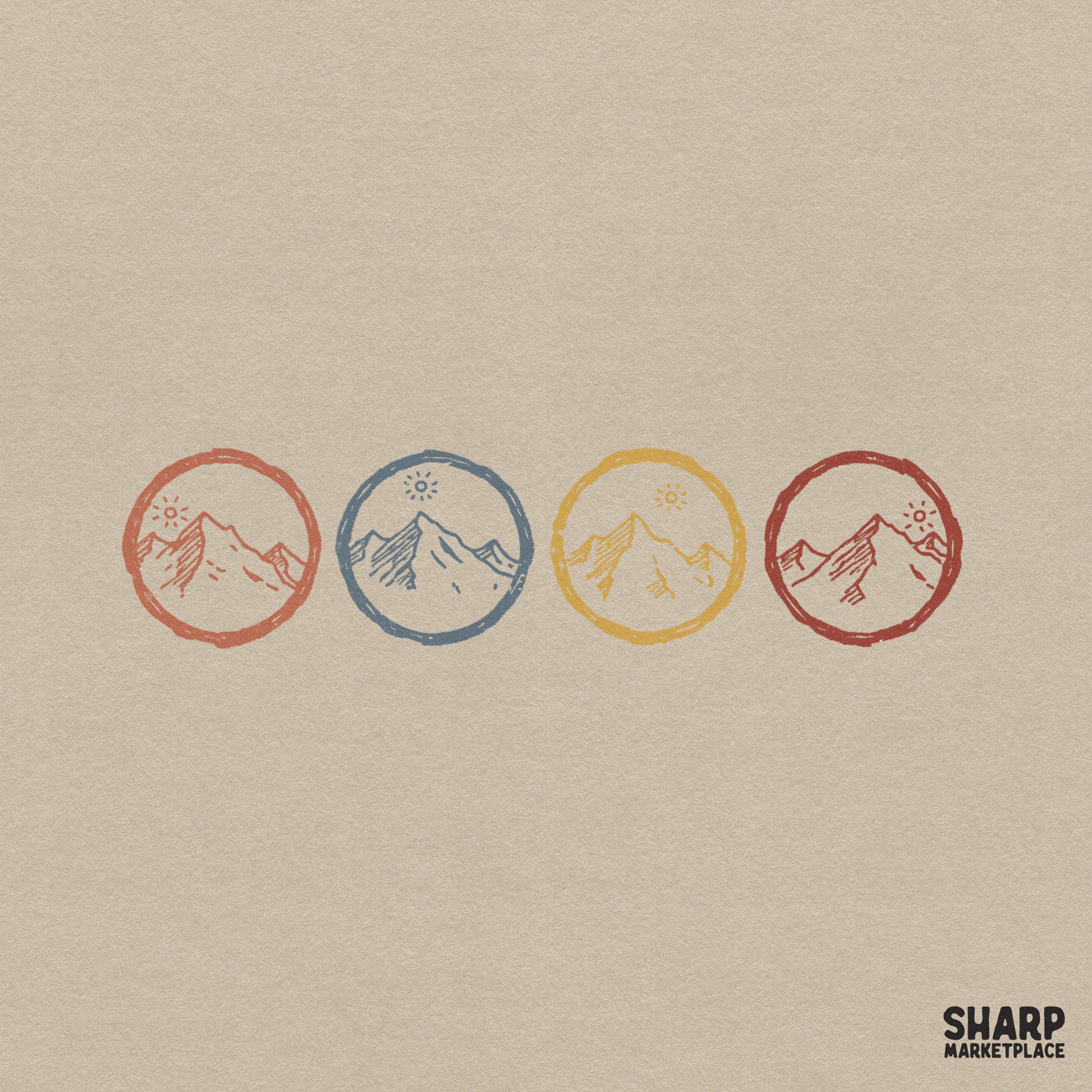 Four vintage mountain badges in a row, featuring distressed circle art in terracotta, slate blue, mustard yellow, and deep red for nature-themed projects.