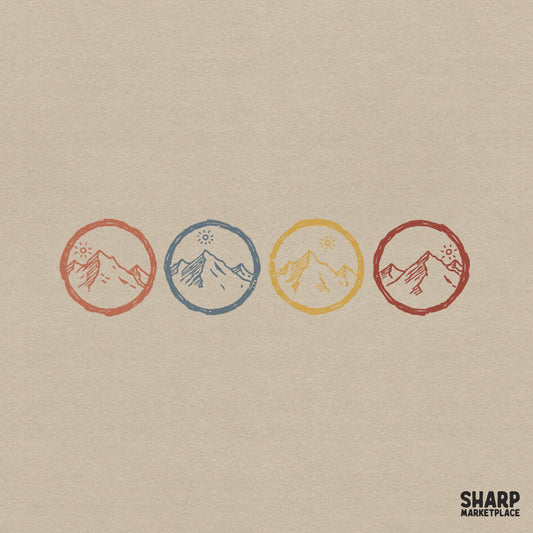 Four vintage mountain badges in a row, featuring distressed circle art in terracotta, slate blue, mustard yellow, and deep red for nature-themed projects.