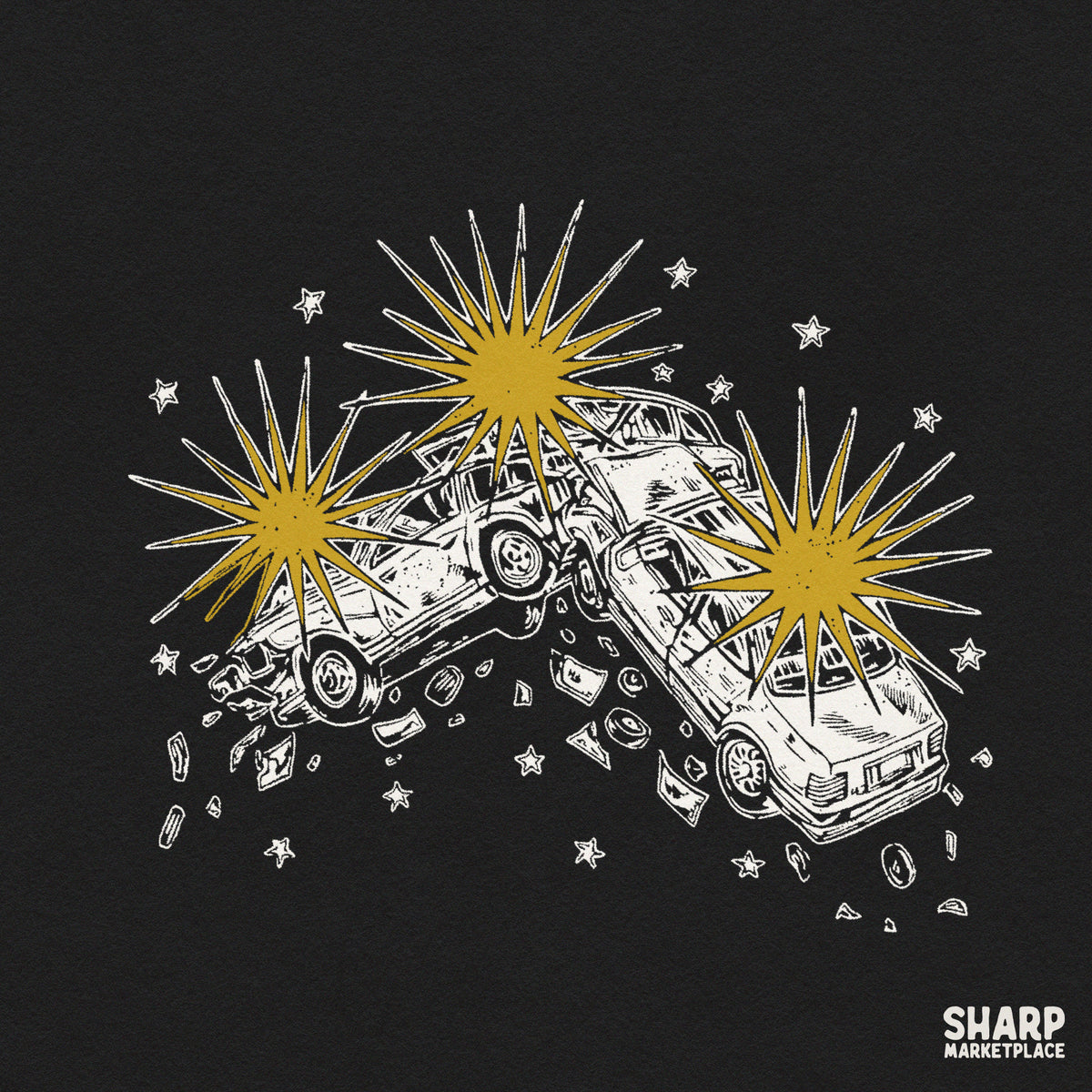 Two retro cars colliding head on with yellow explosion sparks, vintage car explosion graphic PNG for shirt printing
