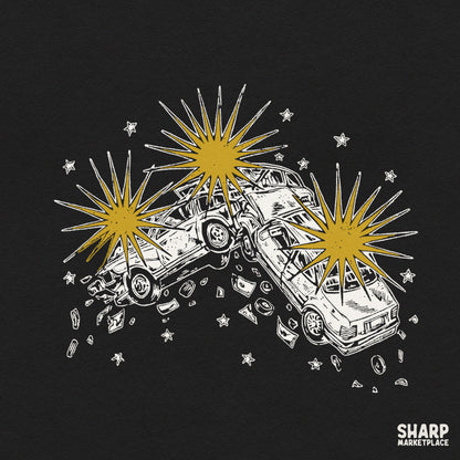 Two retro cars colliding head on with yellow explosion sparks, vintage car explosion graphic PNG for shirt printing