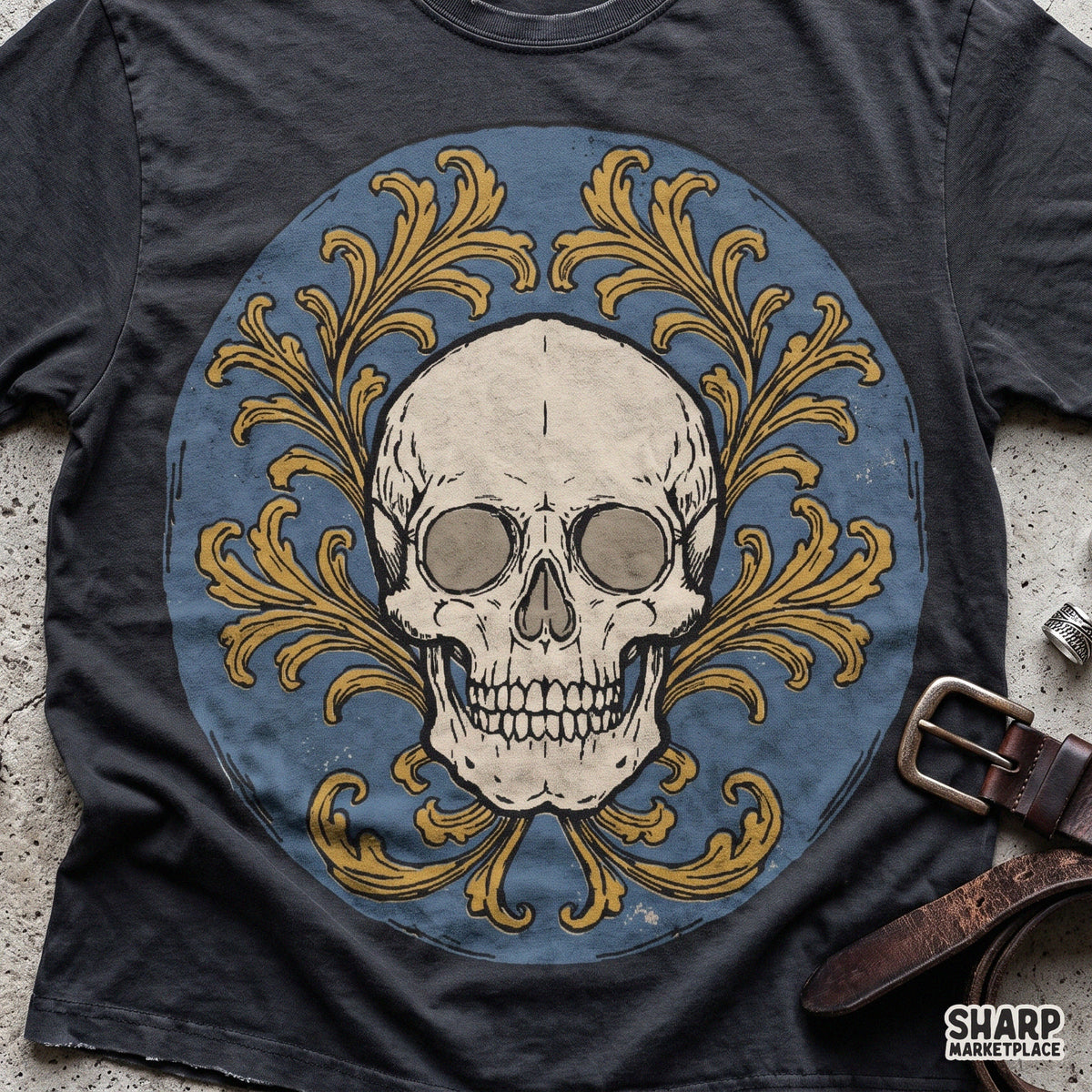 Antique Skull Set In Blue Medallion With Gold Acanthus