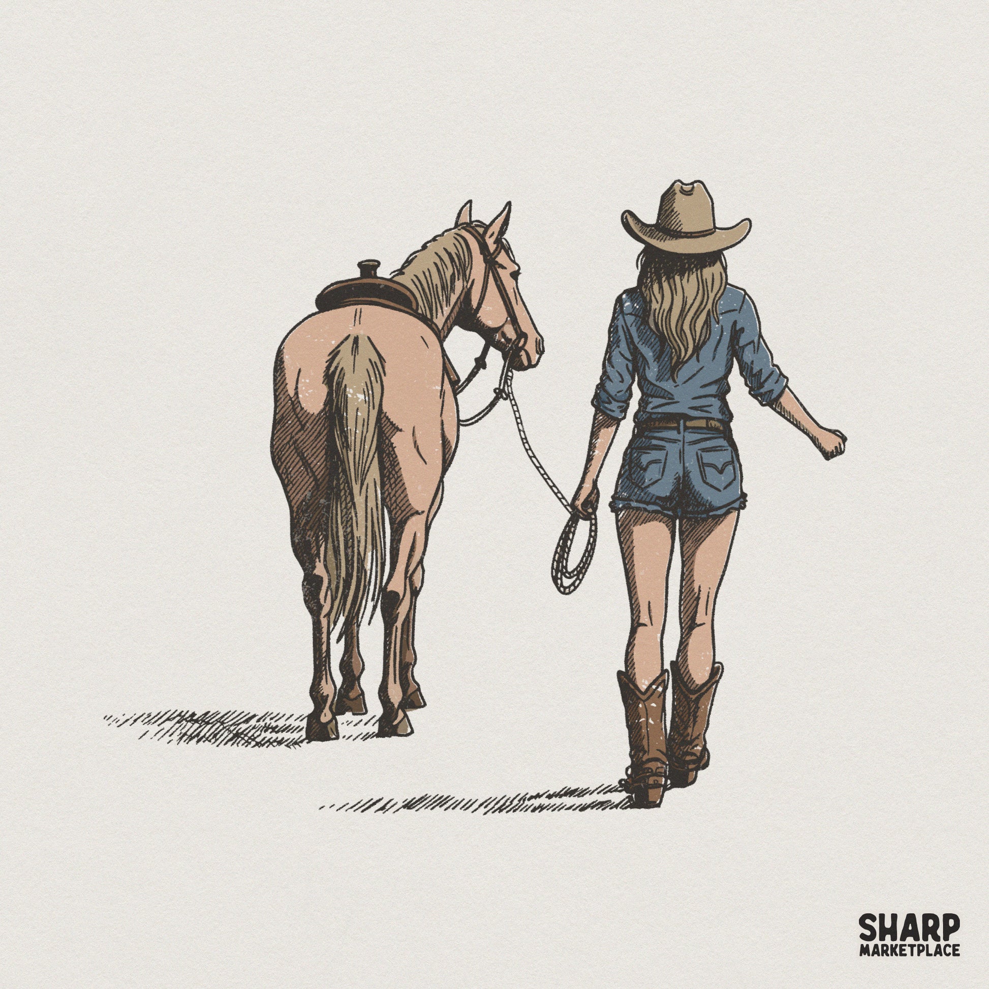 Hand-drawn western illustration of a cowgirl in denim shorts and boots walking a saddled horse, featuring rustic cross-hatched shading and muted tones.