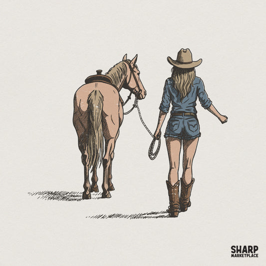 Hand-drawn western illustration of a cowgirl in denim shorts and boots walking a saddled horse, featuring rustic cross-hatched shading and muted tones.