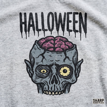 Trendy exposed brain zombie shirt design for spooky season horror movie sublimation graphics