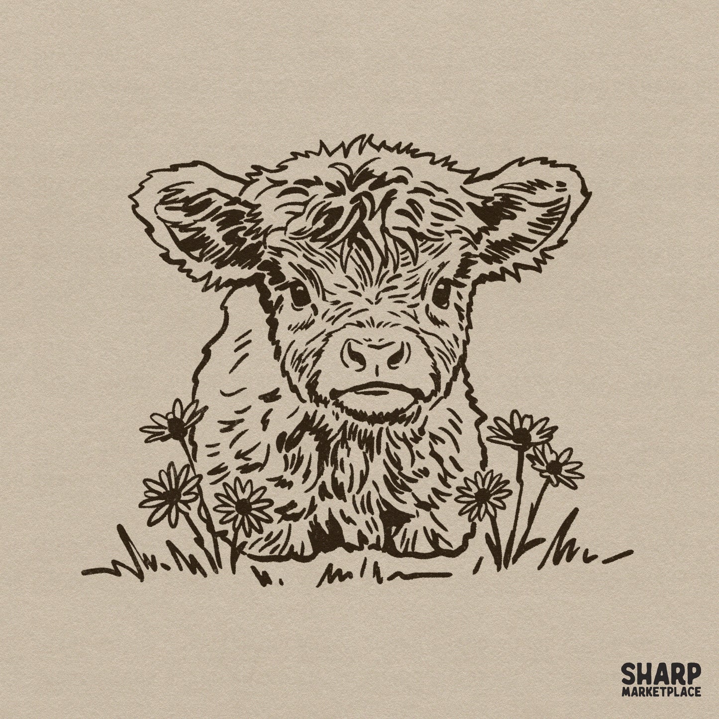 Hand-drawn brown ink illustration of a fluffy baby highland cow sitting among wildflowers, perfect for western-themed sublimation designs.