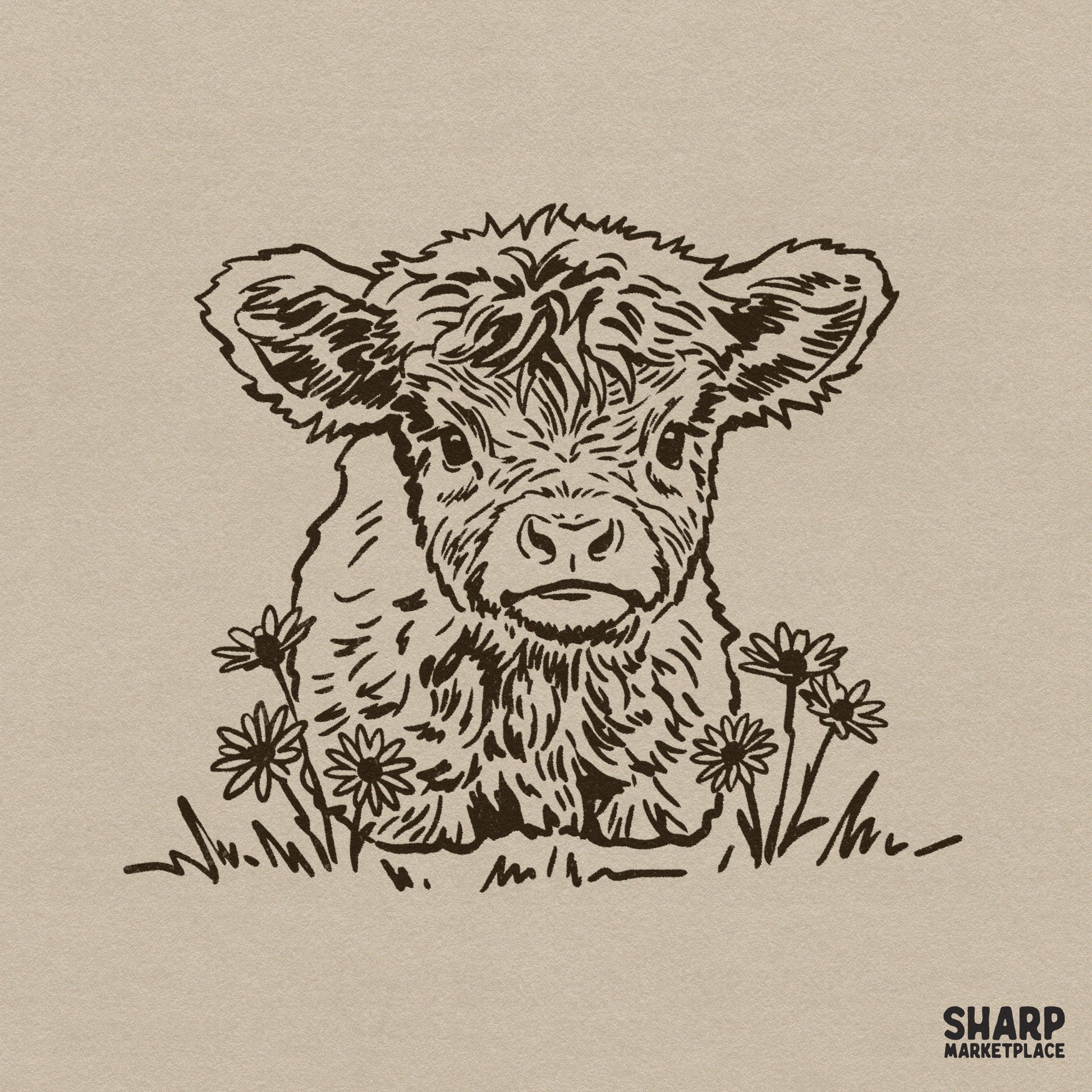 Hand-drawn brown ink illustration of a fluffy baby highland cow sitting among wildflowers, perfect for western-themed sublimation designs.