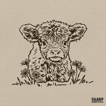 Hand-drawn brown ink illustration of a fluffy baby highland cow sitting among wildflowers, perfect for western-themed sublimation designs.