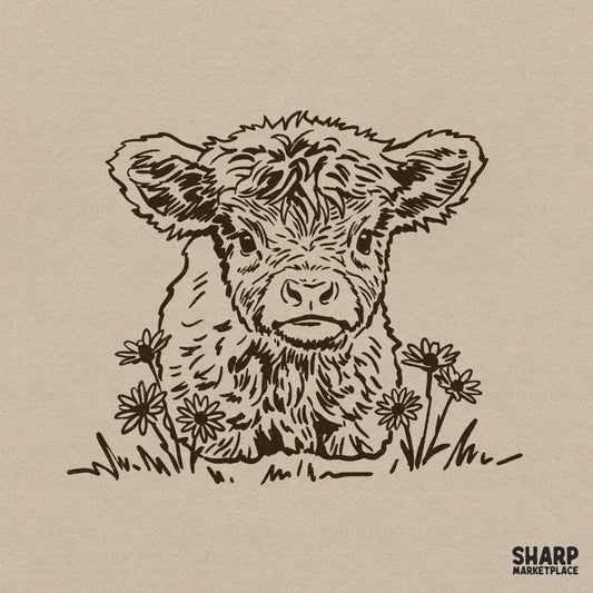 Hand-drawn brown ink illustration of a fluffy baby highland cow sitting among wildflowers, perfect for western-themed sublimation designs.