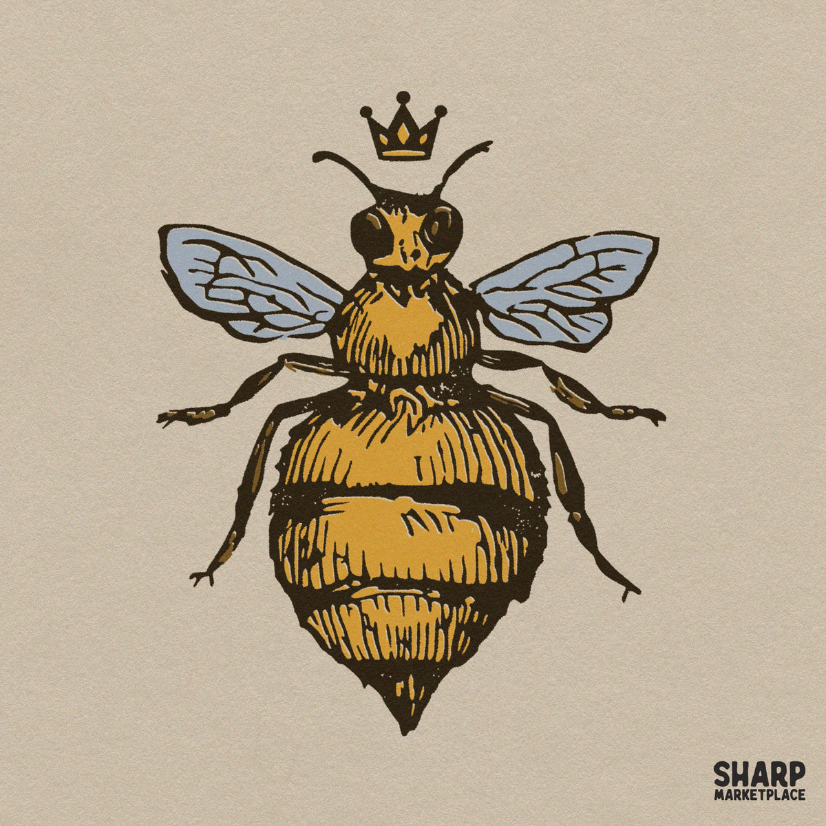 Queen Bee With Crown Vintage Linocut Illustration PNG